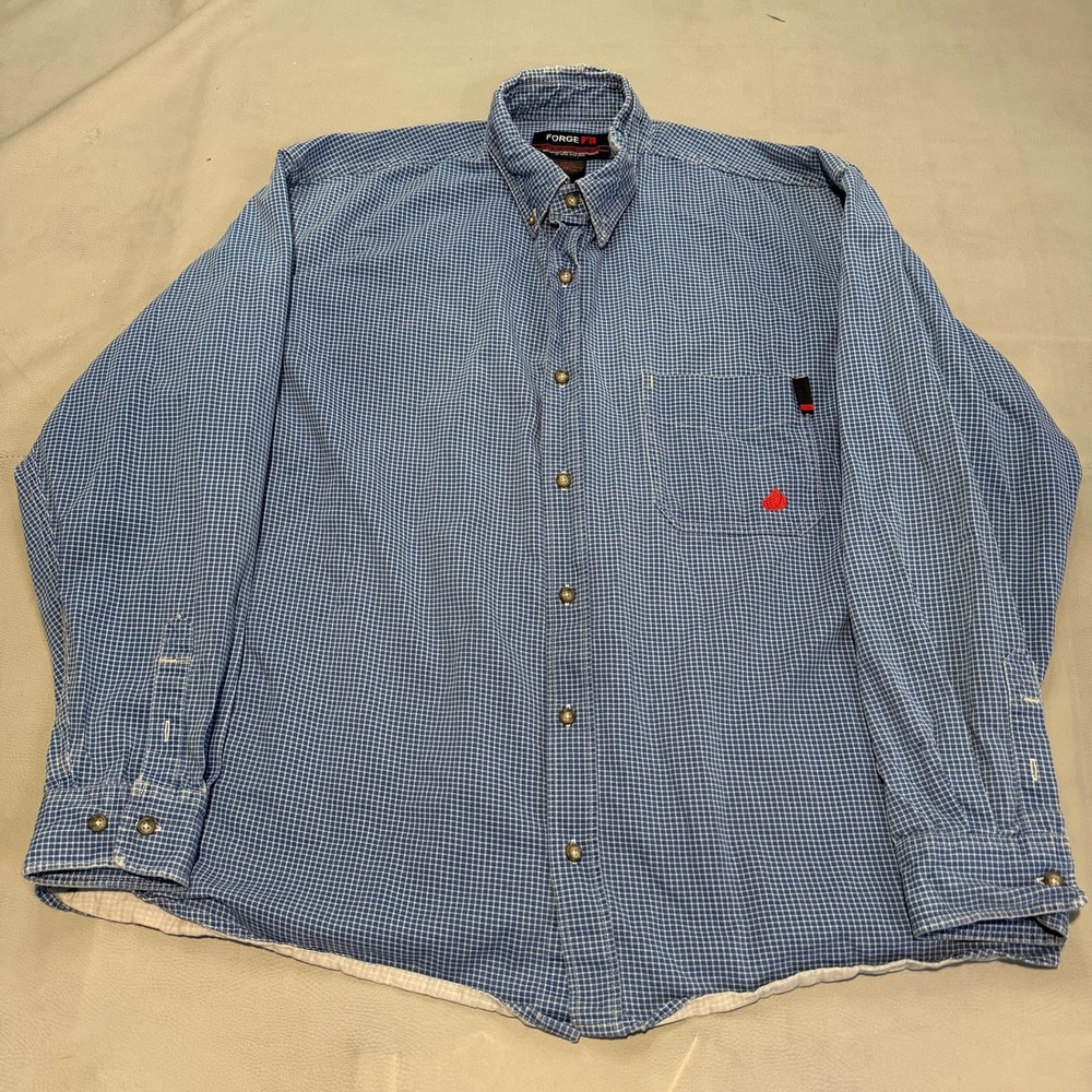 Forge FR Men 2XL Blue Flame Fire Resistant Plaid Check Work Shirt NFPA 2112-7325